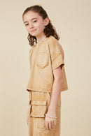 GY8168 Taupe Girls Washed Raw Edge Detail Pocket T Shirt Side