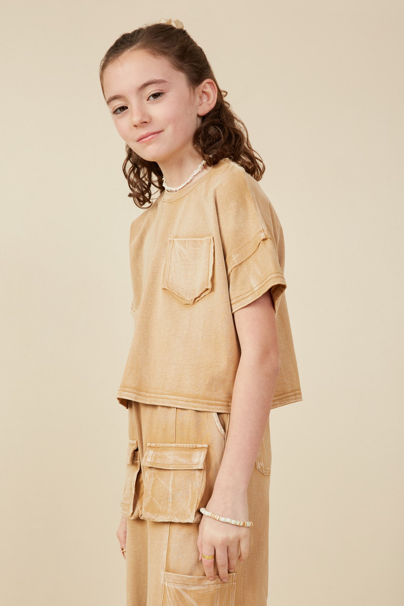 GY8168 Taupe Girls Washed Raw Edge Detail Pocket T Shirt Side
