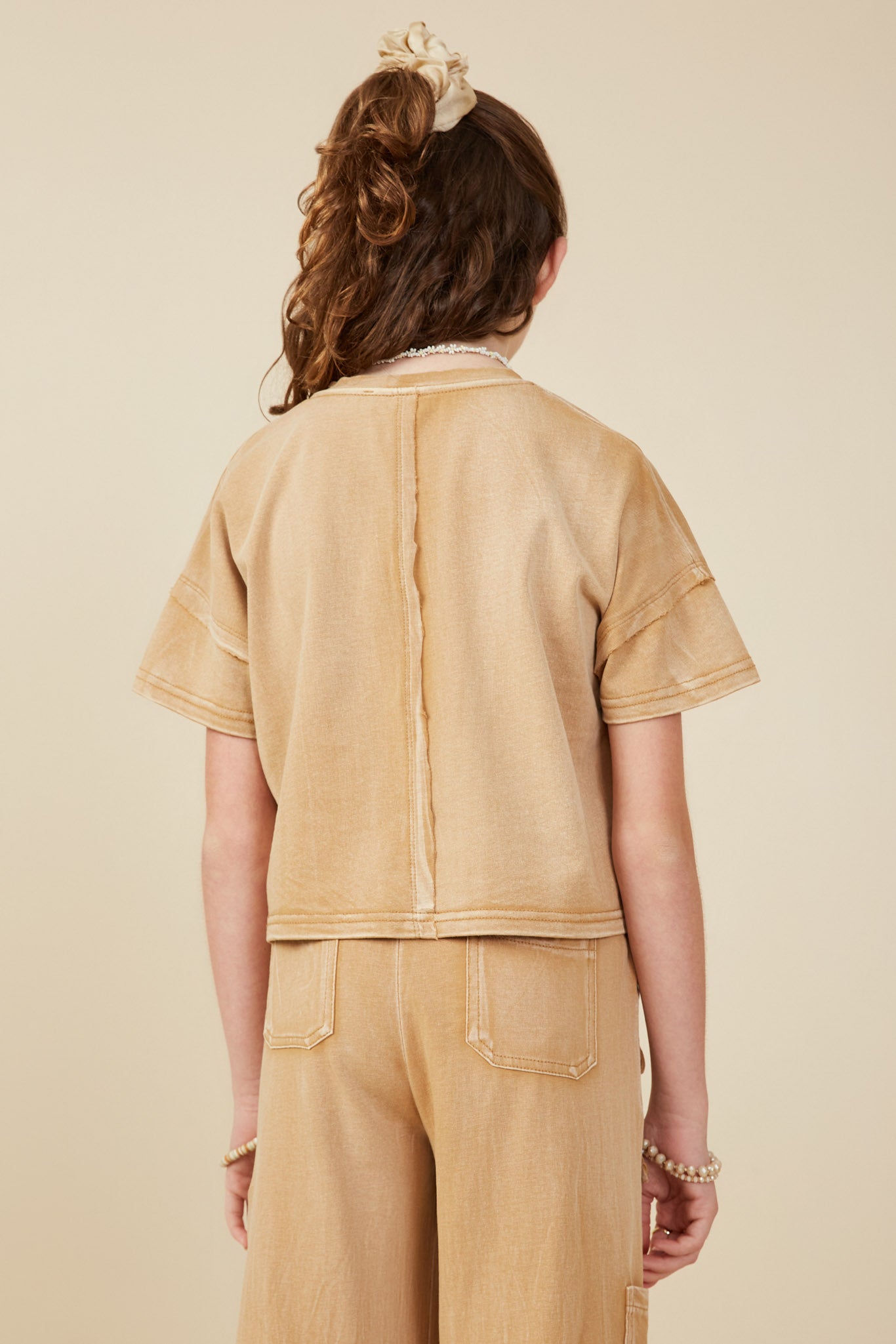 GY8168 Taupe Girls Washed Raw Edge Detail Pocket T Shirt Back