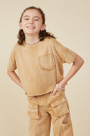 GY8168 Taupe Girls Washed Raw Edge Detail Pocket T Shirt Front