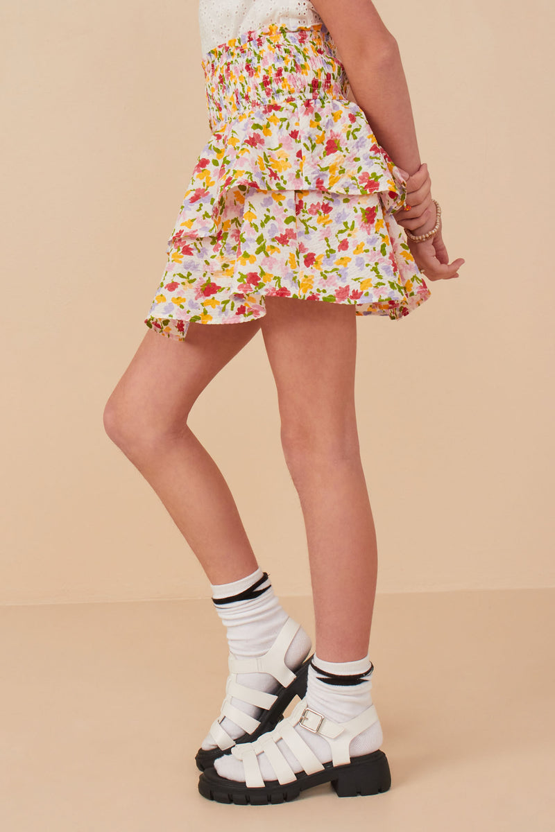 GY8176 Off White Girls Floral Textured Smocked Waist Layered Skirt Side