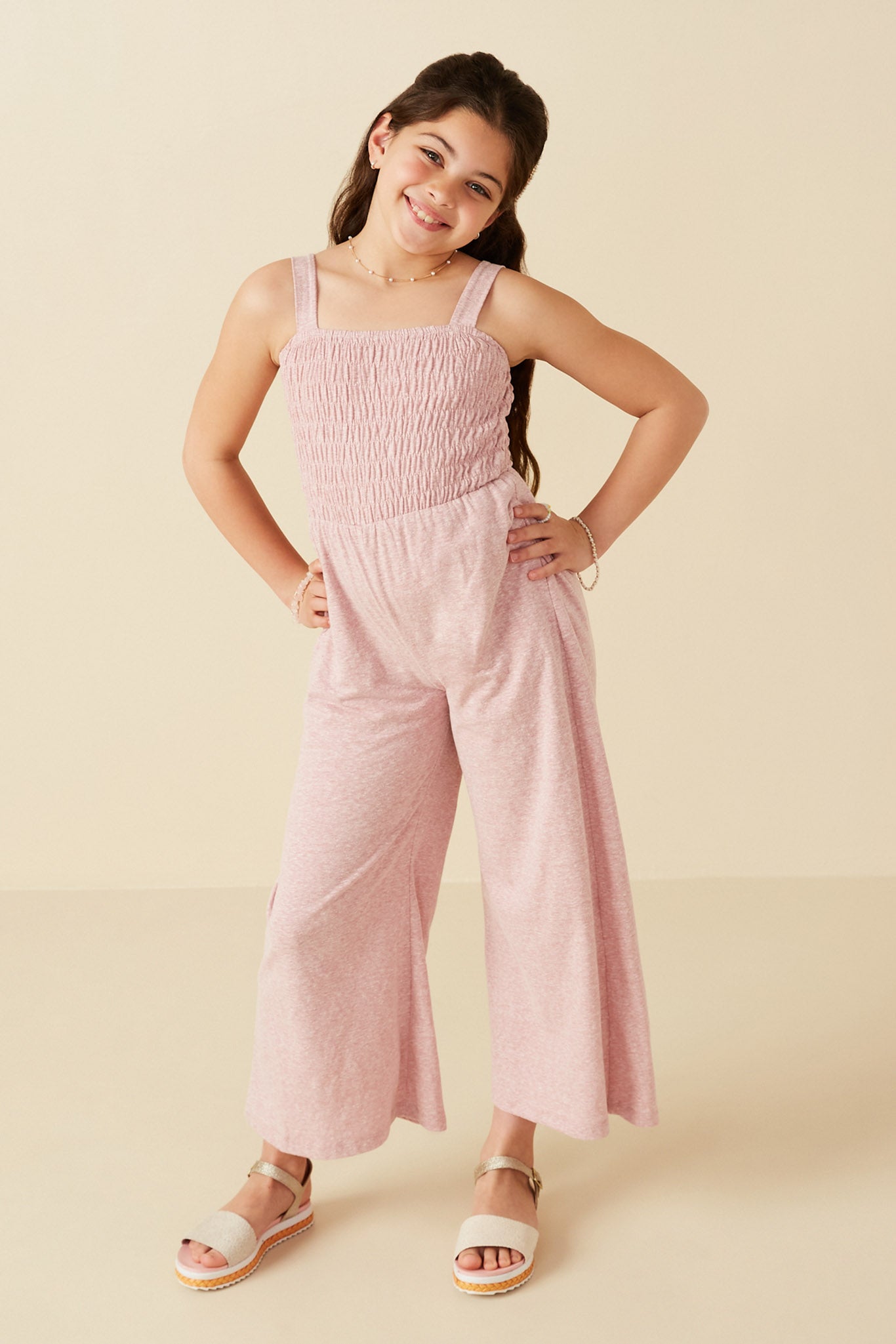 Smocked Strappy Marled Knit Jumpsuit