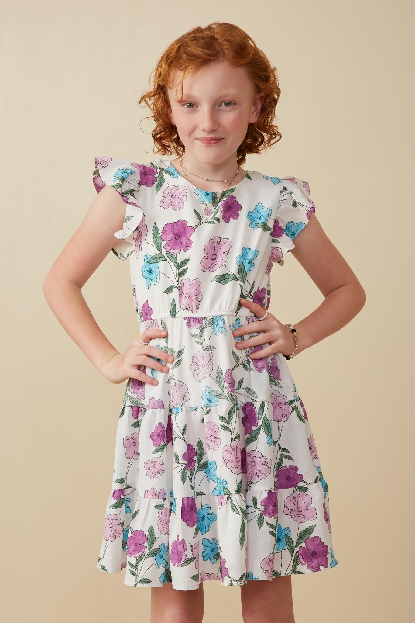 Floral Print Ruffle Sleeve Textured Dress