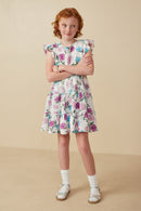 GY8191 Lavender Girls Floral Print Ruffle Sleeve Textured Dress Pose
