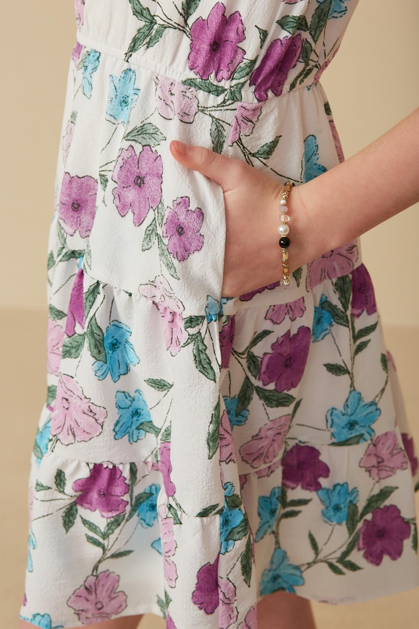 GY8191 Lavender Girls Floral Print Ruffle Sleeve Textured Dress Detail