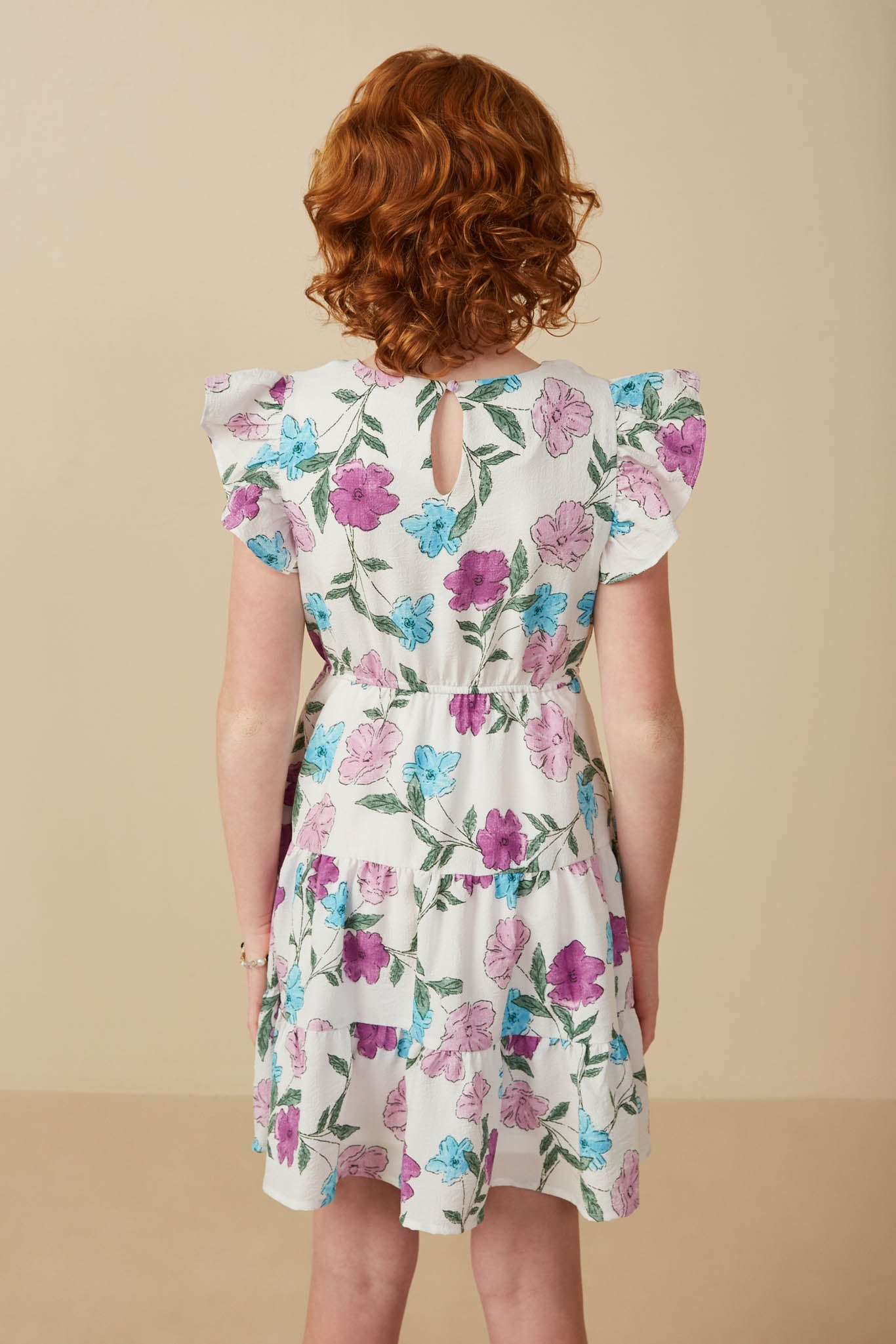 GY8191 Lavender Girls Floral Print Ruffle Sleeve Textured Dress Back