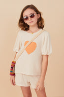 GY8257 Ivory Girls Ribbed Knit Pearl Detailed Heart Patch Top Front