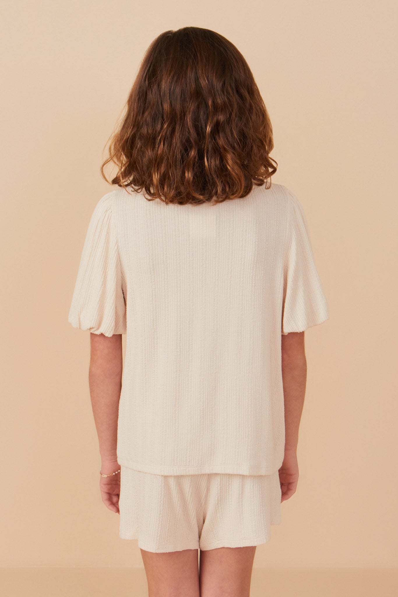 GY8257 Ivory Girls Ribbed Knit Pearl Detailed Heart Patch Top Back