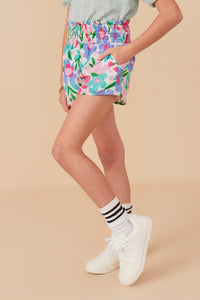 GY8266 Pink Mix Girls Textured Floral Smocked Waist Short Side