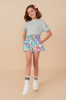 GY8266 Pink Mix Girls Textured Floral Smocked Waist Short Pose