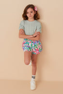 GY8266 Pink Mix Girls Textured Floral Smocked Waist Short Pose 2