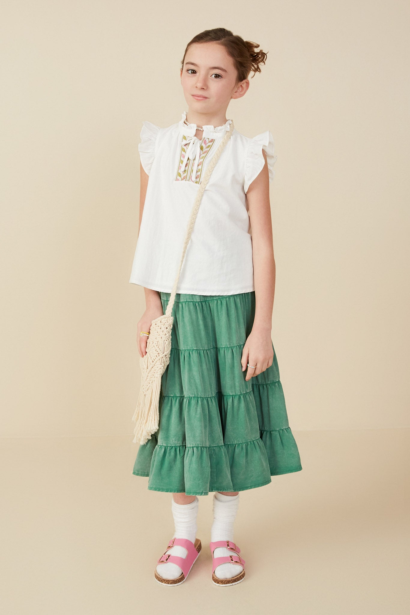 Embroidered Tape Detail Ruffled Tank