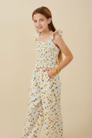 GY8278 Ivory Girls Ditsy Floral Smocked Ruffle Detail Jumpsuit Side