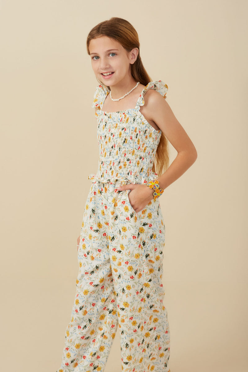 GY8278 Ivory Girls Ditsy Floral Smocked Ruffle Detail Jumpsuit Side