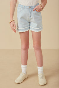 GY8280 Light_Denim Girls Fray Detail Illusion Hem Denim Shorts Front