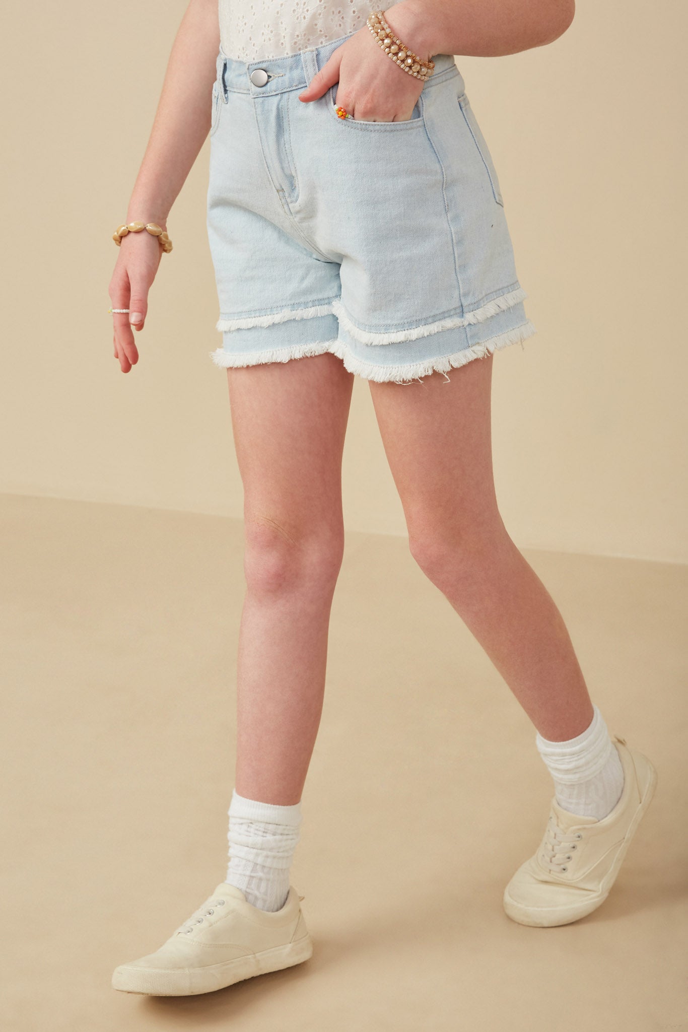 Fray Detail Illusion Hem Denim Shorts