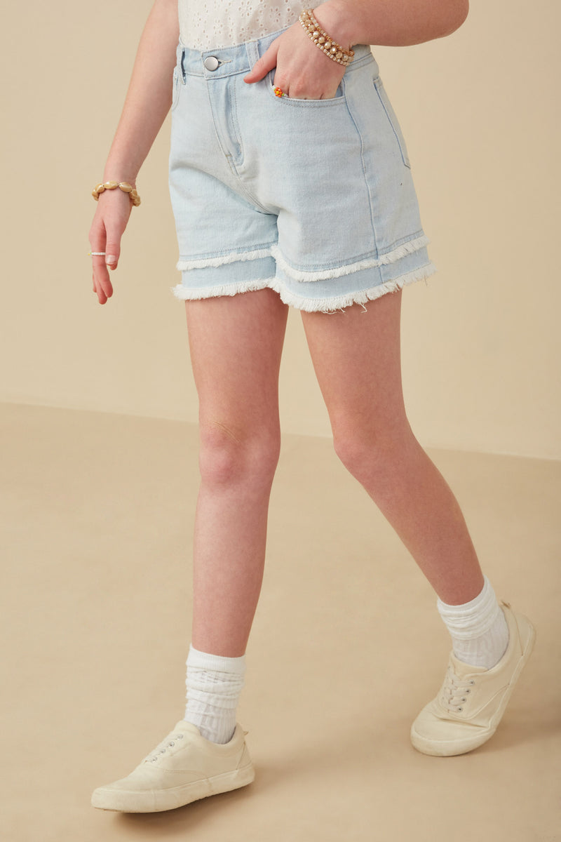 GY8280 Light_Denim Girls Fray Detail Illusion Hem Denim Shorts Side