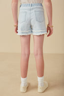 GY8280 Light_Denim Girls Fray Detail Illusion Hem Denim Shorts Back