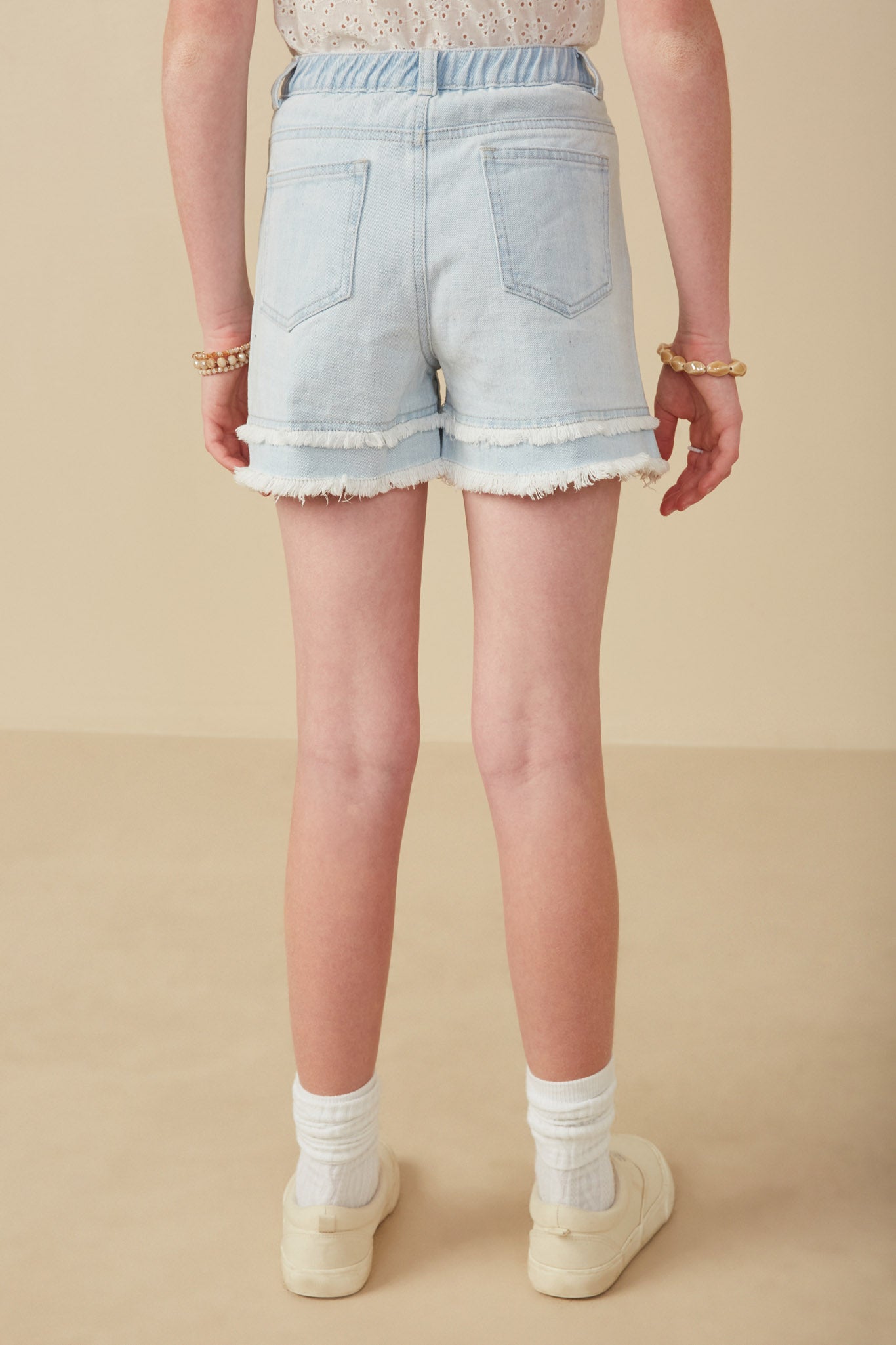GY8280 Light_Denim Girls Fray Detail Illusion Hem Denim Shorts Back