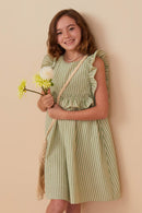 GY8289 Sage Girls Linen Like Striped Button Detail Ruffled Dress Front