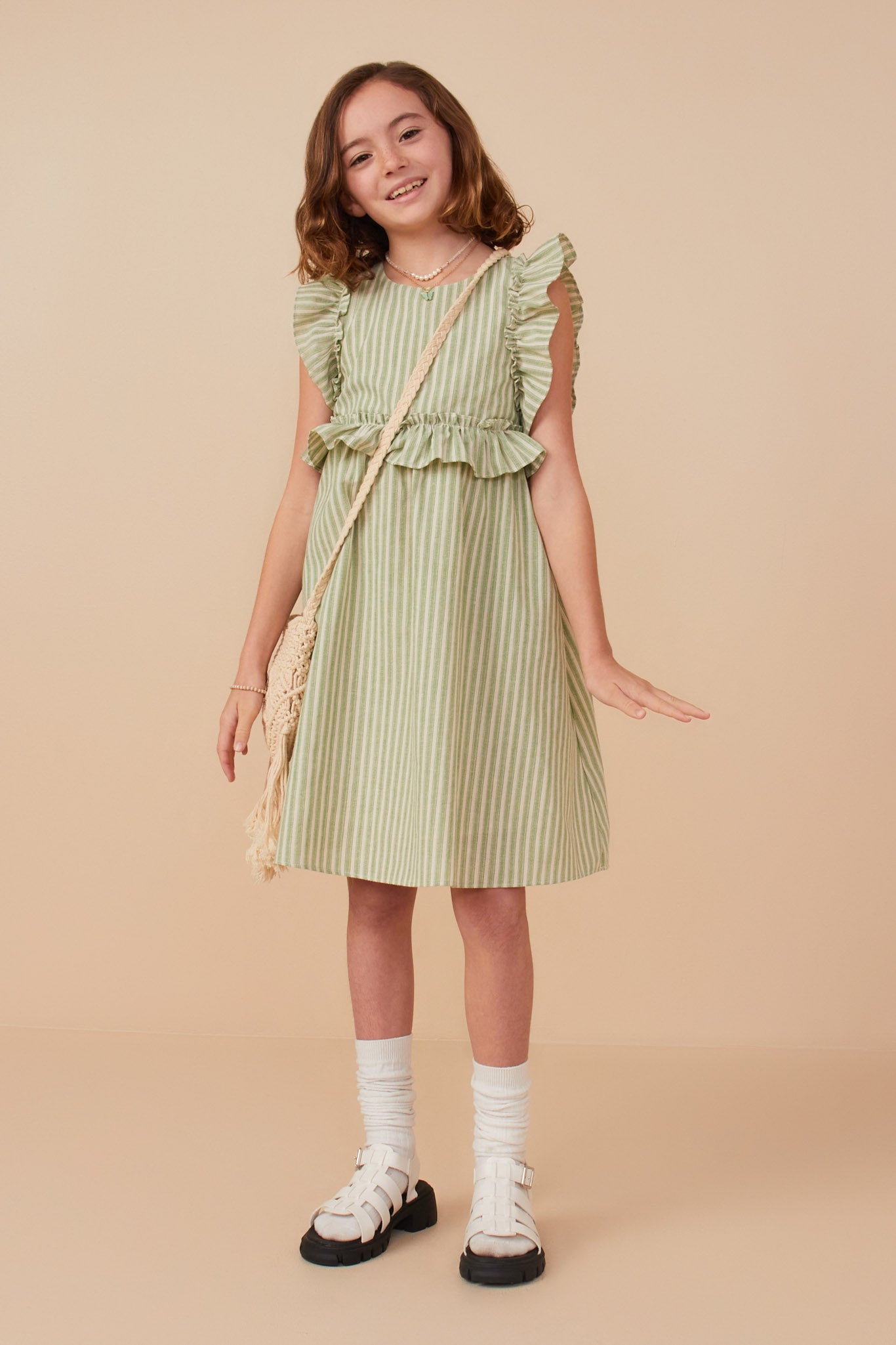 Girls Linen Striped Button Detail Ruffled Dress | Cute Girls' Clothes Sage / M Sage *Girl's Dresses Midi Dresses Hayden Girls Girls Linen Striped Button Detail Ruffled Dress | Cute Girls' Clothes Sage / M Sage *Girl's Dresses Midi Dresses Hayden Girls