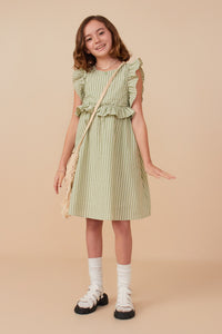 GY8289 Sage Girls Linen Like Striped Button Detail Ruffled Dress Full Body