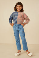 GY8294 Navy Girls Fabric Blocked Striped Terry Knit Top Front 2