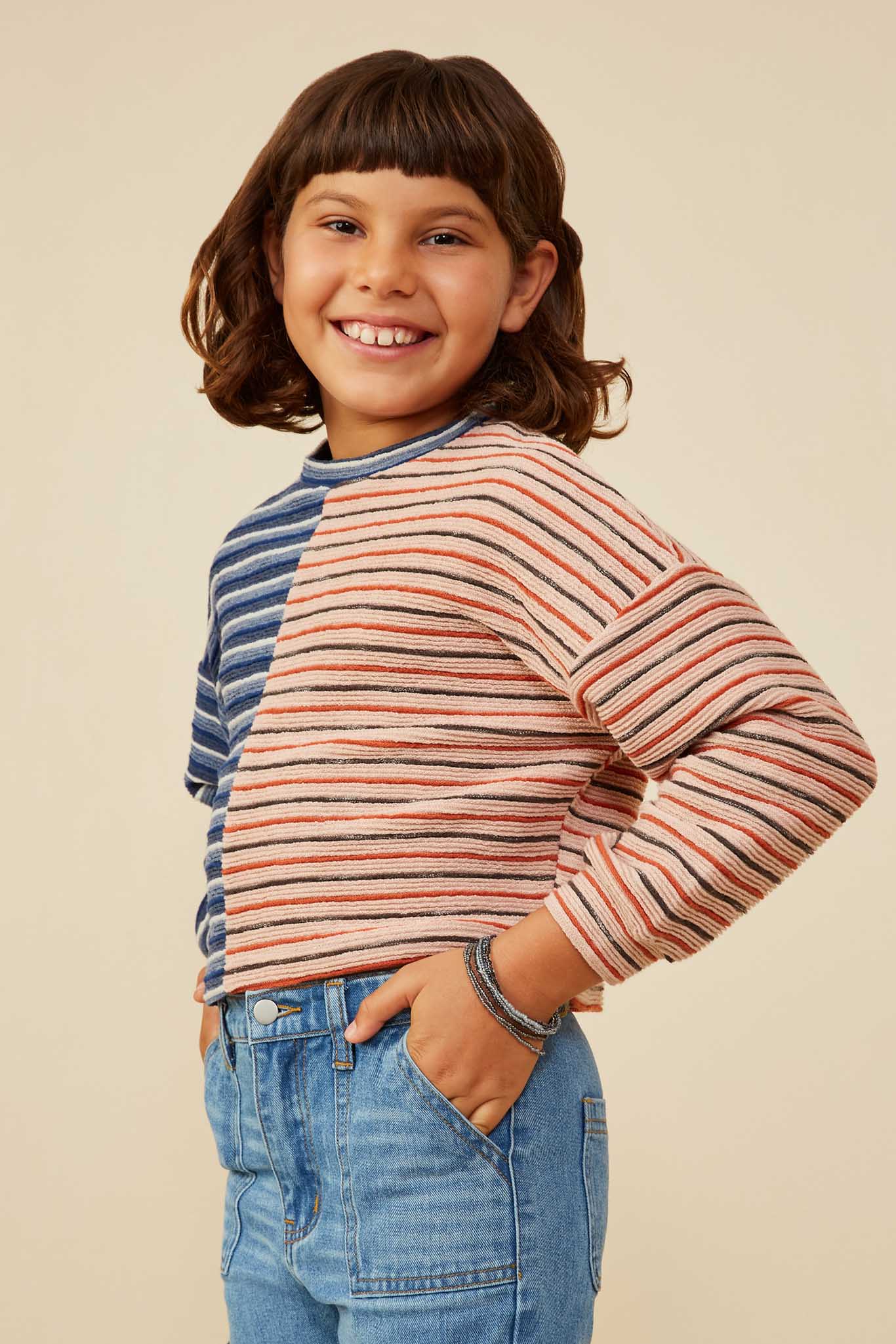 GY8294 Navy Girls Fabric Blocked Striped Terry Knit Top Side