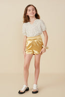 GY8308 Gold Girls Smocked Elastic Waist Metallic Shorts Full Body