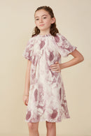 GY8309 Mauve Girls Soft Sheer Floral Textured Puff Sleeve Dress Front