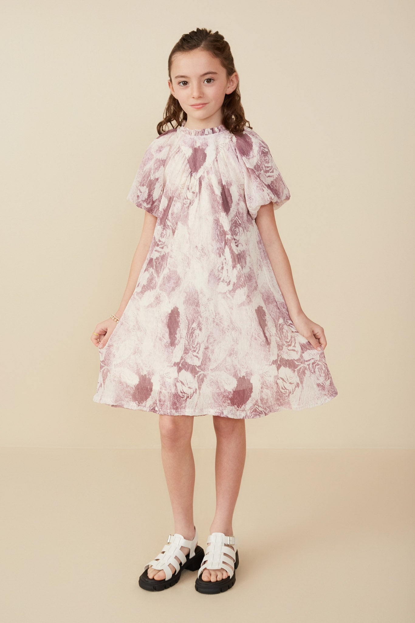 Soft Sheer Floral Textured Puff Sleeve Dress