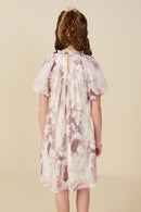 GY8309 Mauve Girls Soft Sheer Floral Textured Puff Sleeve Dress Back