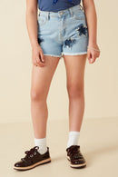 GY8313 Light Denim Girls Distressed Star Patch Frayed Denim Shorts Front