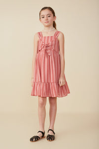 GY8317 Red Girls Bow Detail Puff Textured Tank Dress Full Body