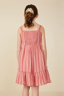 GY8317 Red Girls Bow Detail Puff Textured Tank Dress Back