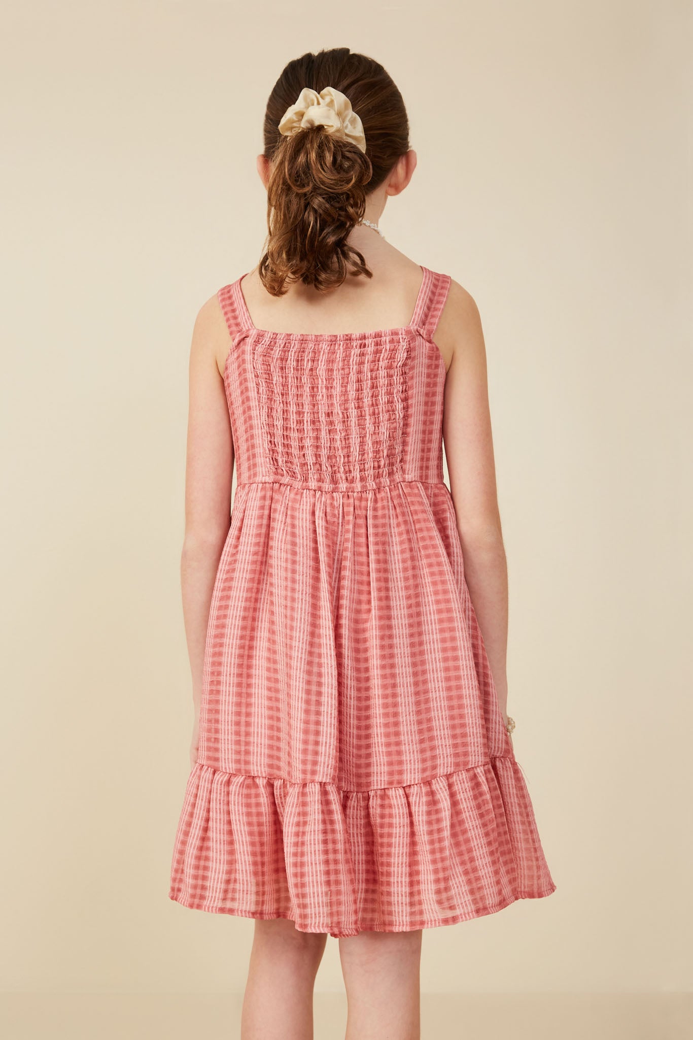 GY8317 Red Girls Bow Detail Puff Textured Tank Dress Back