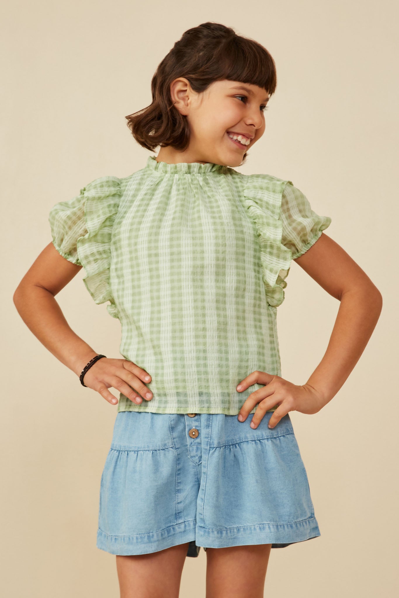 Ruffle Shoulder Puffed Checker Textured Top