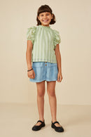 GY8318 Sage Girls Ruffle Shoulder Puffed Checker Textured Top Pose