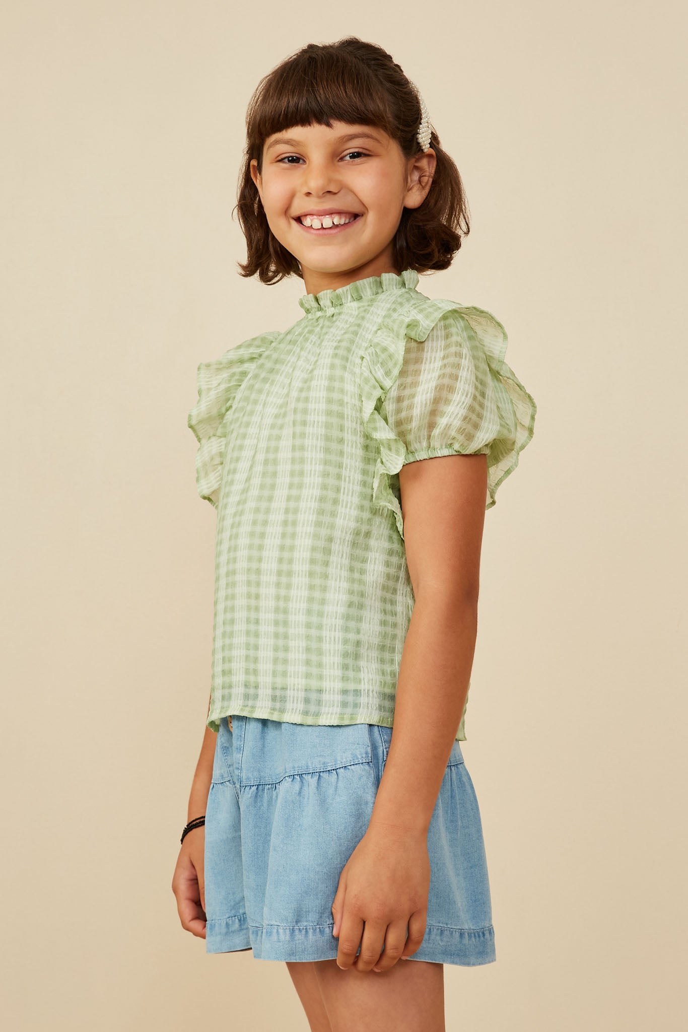 GY8318 Sage Girls Ruffle Shoulder Puffed Checker Textured Top Side