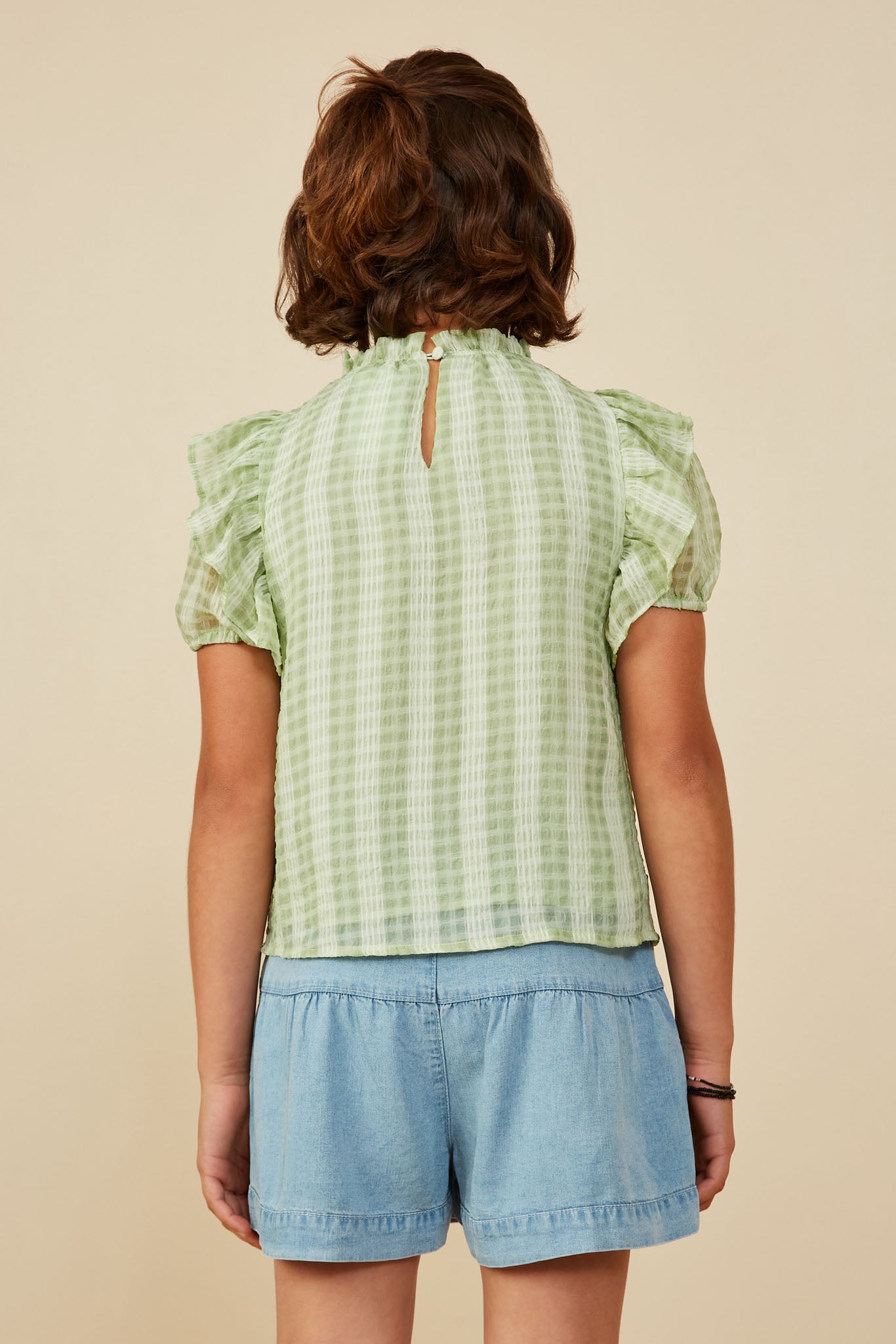 GY8318 Sage Girls Ruffle Shoulder Puffed Checker Textured Top Back
