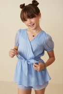 GY8328 Blue Girls Belted Surplice Peplum Layer Organza Romper Front