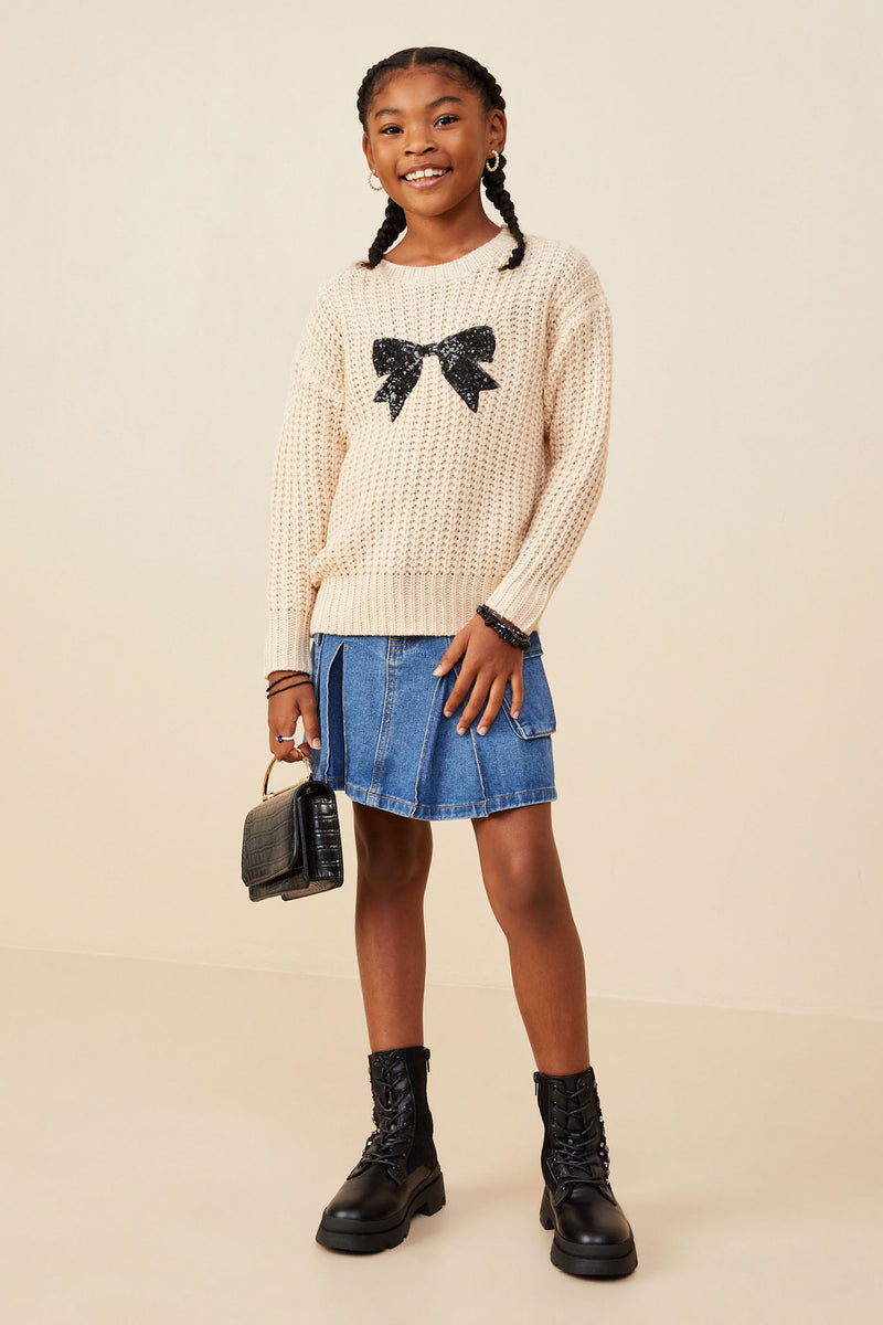 GY8339 Ivory Girls Low Gauge Sweater with Sequin Bow Patch Pose