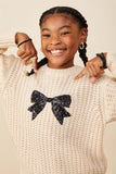 GY8339 Ivory Girls Low Gauge Sweater with Sequin Bow Patch Detail