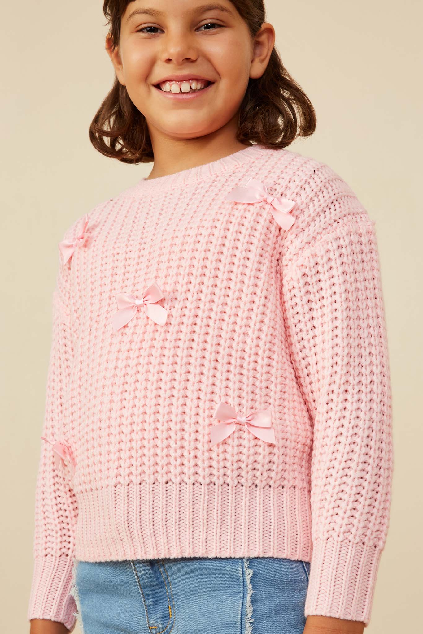 GY8340 Pink Girls Low Gauge Bow Detail Pullover Sweater Detail