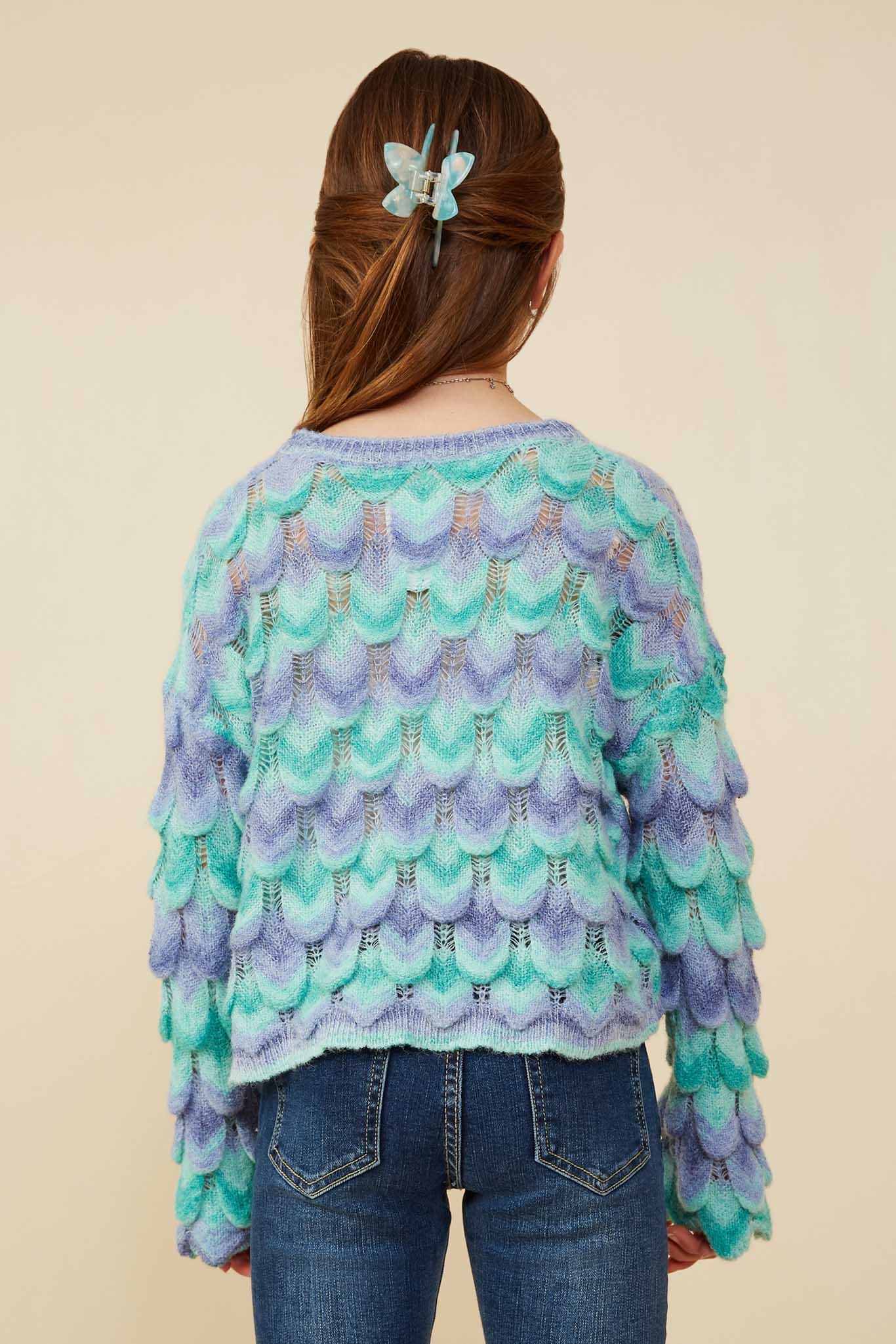 GY8341 Lavender Mix Girls Jewel Detailed Scale Knit Pullover Sweater Back