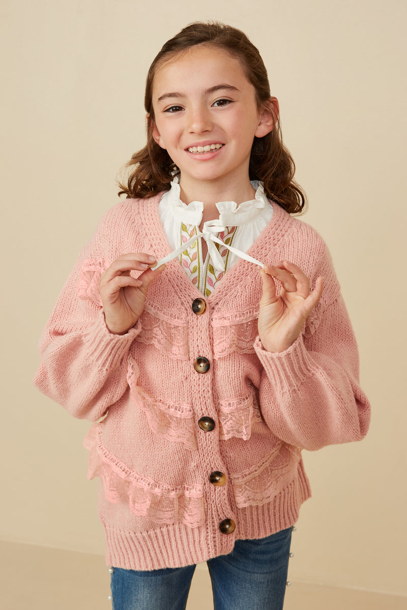 GY8343 PINK Girls Lace Frilled Buttoned Sweater Cardigan Front