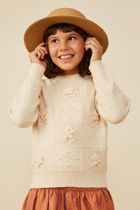 GY8345 Ivory Girls Hand Knit Floral Patch Sweater Front