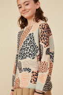 GY8348 Taupe Girls Fuzzy Textured Abstract Leopard Sweater Side