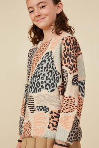 GY8348 Taupe Girls Fuzzy Textured Abstract Leopard Sweater Side