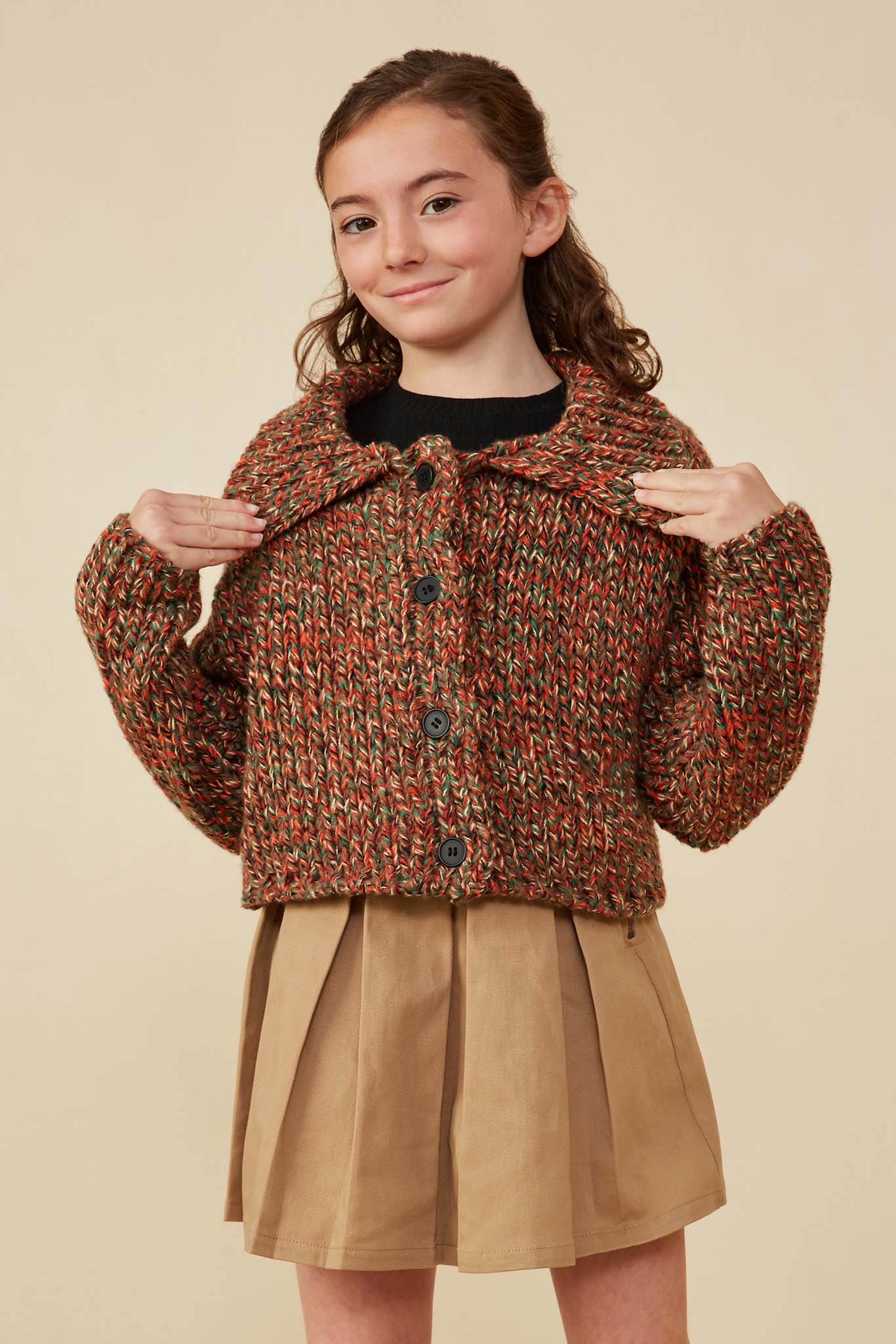 GY8349 Brown Mix Girls Multicolor Yarn Collared Button Sweater Cardigan Front